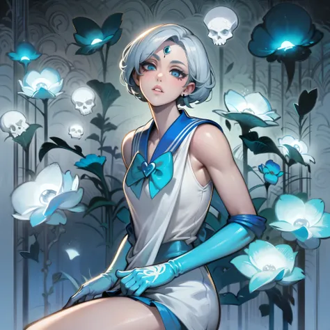 ((best quality)), ((official art)), ((masterpiece)), textile shading, ((ultra-detailed)), solo, full color, (1girl, solo, bssmsuperoutfit, circlet, white leotard,,blue sailor collar, sleeveless, heart brooch, miniskirt, white gloves, hairstyle, hairlength ...