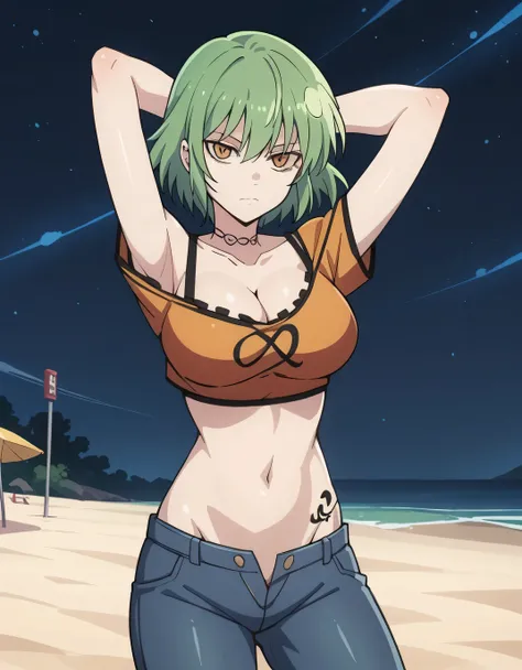 hikage, short hair, yellow eyes, slit pupils, green hair, large breasts, navel, midriff, pants, off shoulder, crop top, tattoo, denim, jeans, cleavage, orange crop top, high quality, solo, night sky, beach, arms behind head, {contrapposto}, closed mouth, s...