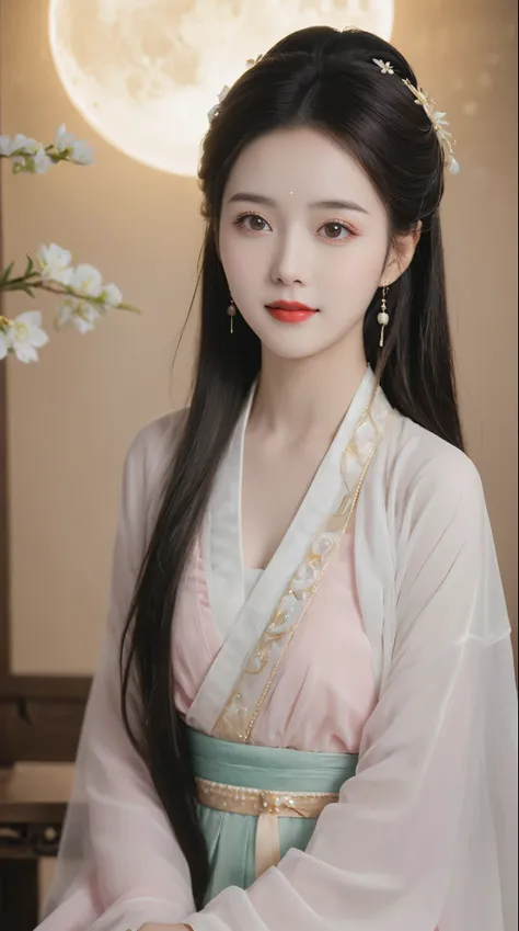 full moon night，beautiful woman in hanfu sitting in front of the camera，flip through books elegantly， her delicate facial featur...