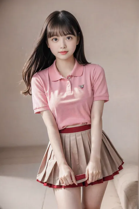 (4k, high quality, high quality, masterpiece), (realistic), Simple background, looking at me, one girl, female college student, (dark hair, big eyes, wide open eyes, big lips), (red short sleeve polo shirt, pink pleated mini skirt).