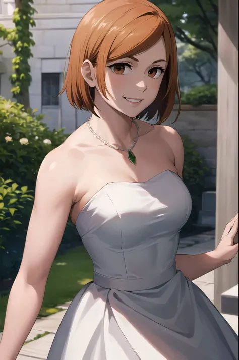 masterpiece, best quality, highres, aanobara, short hair, wedding dress, white dress, necklace, bare shoulders, garden, smile,