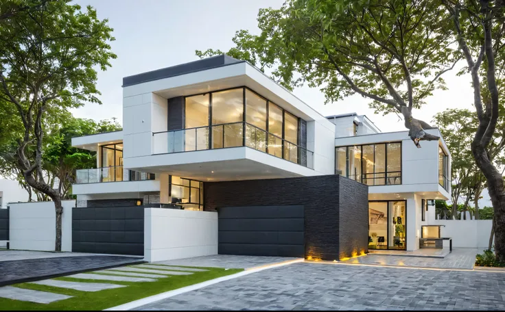 neo classical villa on street, (daylight), tropical tree, vivid colour, streetcapes, white tone, black detail, white wall, large...