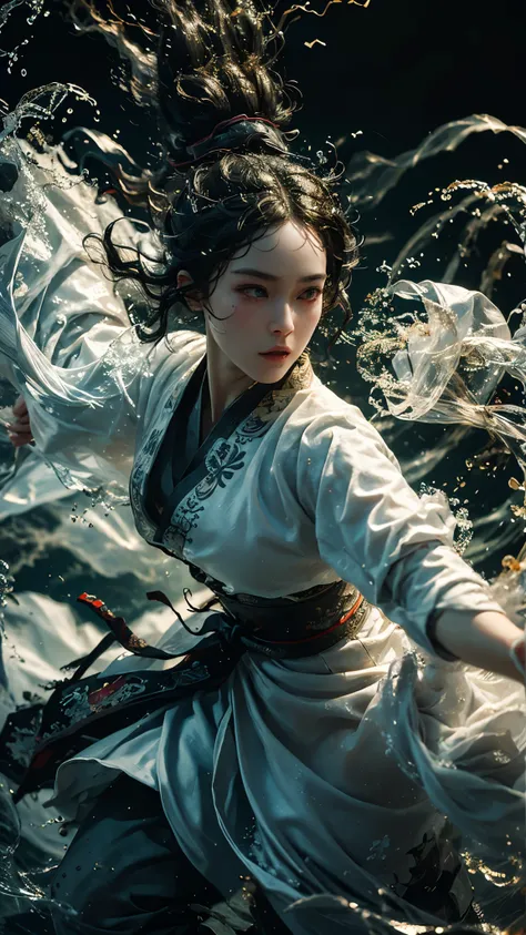 masterpiece, best quality, 32k, insane details, intricate details, hyperdetailed, hyper quality, high detail, ultra detailed, Masterpiece,martial artsChinese,ink painting,realism,martial arts,play light and shadow,green lights and shadow,Bauhaus photograp...