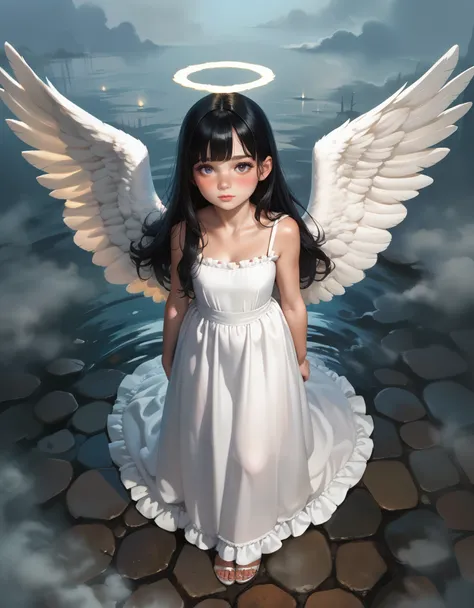 score_9, score_8_up, score_7_up, 
1girl, angel wings, feathered wings, tall female, pale skin, freckles, blush, contrast, high angle, fog, arms at sides, standing, looking at viewer, black hair, long hair, bangs, beautiful, long dress, white dress, frilled...