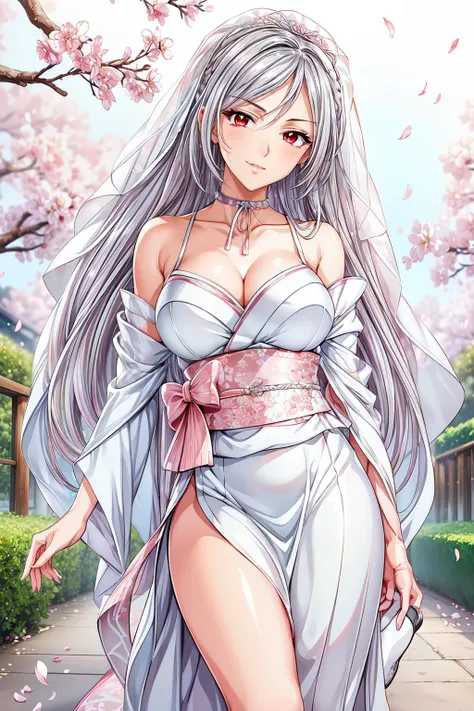 (masterpiece, best quality, beautiful and aesthetic:1.3), 1woman, ((very mature woman)),(30 years old, thirties), solo, light smile,  (Silver  hair streaked white:1.4), (Gradient silver hair ends:1.6), hair strand, absurdly long hair, single sidelock, wavy...