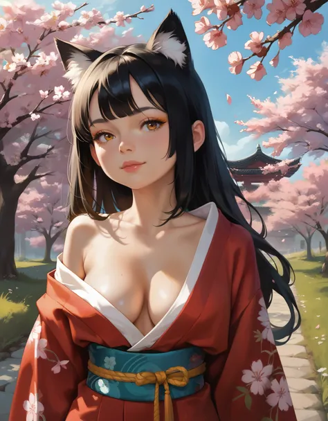 score_9, score_8_up, score_7_up, 1girl, black hair, long hair, fox ears, kimono, cleavage, undressing, cherry blossoms, (smirk:0...