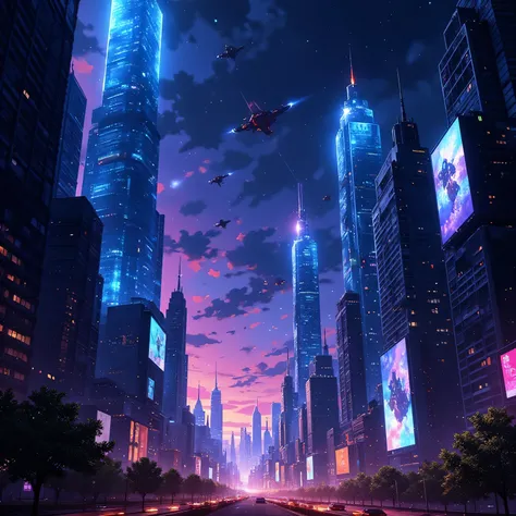 A futuristic cityscape at night, with towering skyscrapers made of glass and metal reflecting vibrant neon lights. Flying vehicles soar between the buildings, and holographic advertisements glow in the sky. The streets below are bustling with life, illumin...