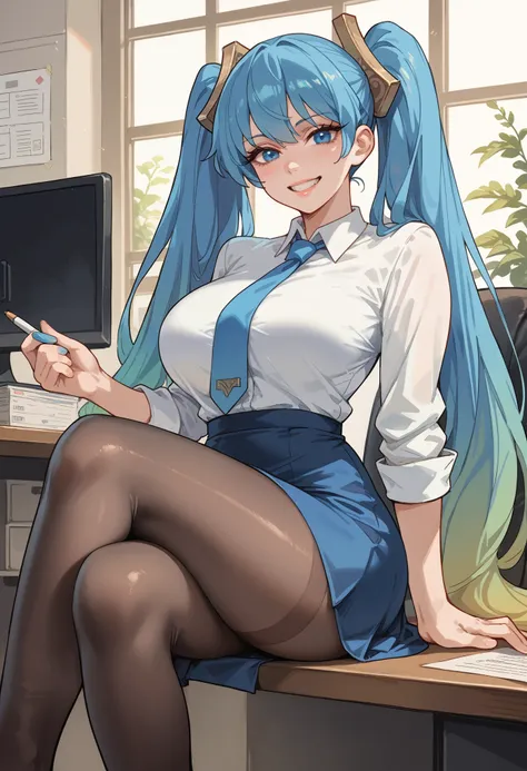 masterpiece, best quality, 1girl, sona buvelle, anime, sitting, blue hair, twintails, blue eyes, looking at viewer, at office, s...