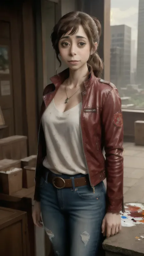 (cristin milioti) as claire redfield, blue eyes, brown hair, ponytail, jewelry, jacket, red jacket, jeans, belt, pants, necklace...