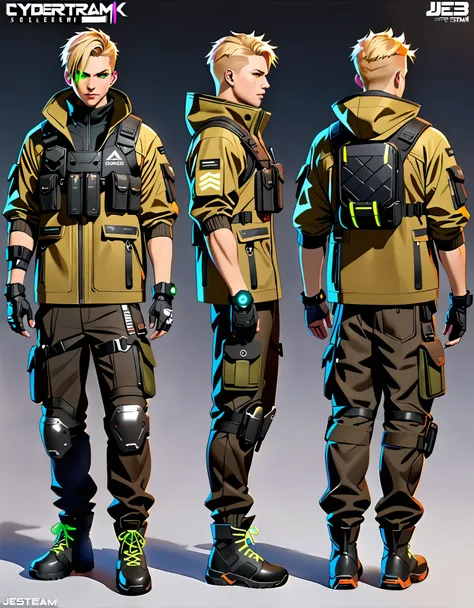 (masterpiece), (best quality), (high res), 1male, blond-haired man in military uniform, cyberpunk street goon, hyper-realistic cyberpunk style, jetstream sam from metal gear, techwear look and clothes, cyberpunk streetwear, cyberpunk soldier, young blonde ...