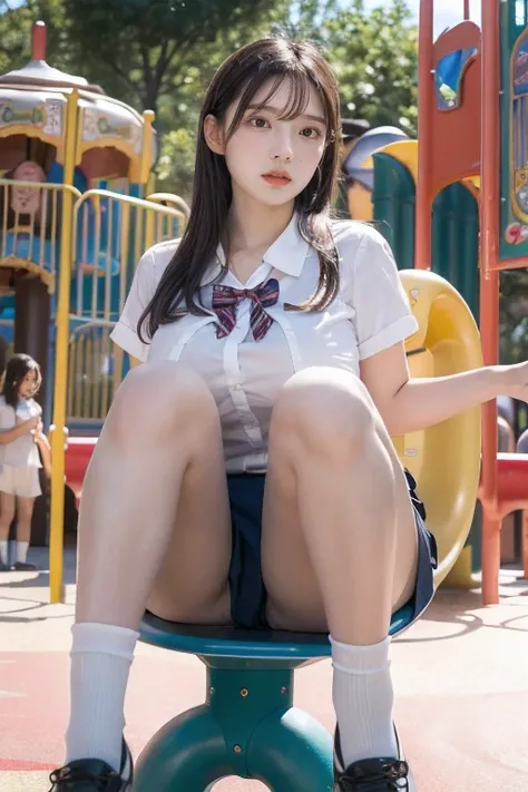 Masterpiece, 8K, High school girl, Photorealistic, (Plump breast:1.3), (sitting in (Amusement park playground) Playground equipment
 with her legs spread wide:1.3), (( shot from the bottom of the front)), (From below:1.4), medium  hair, School uniform, sta...