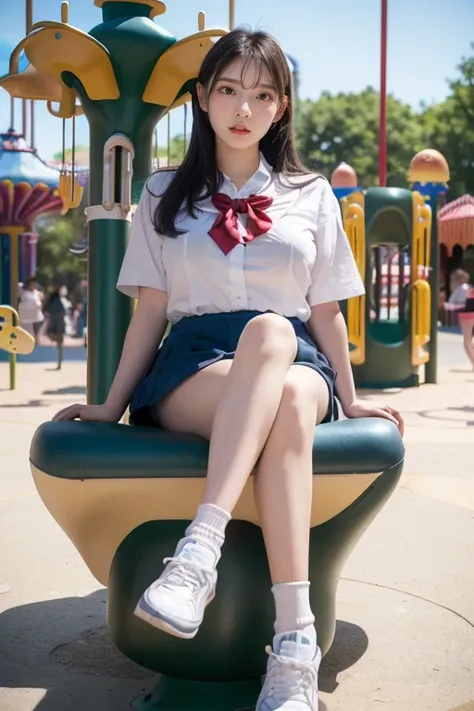 Masterpiece, 8K, High school girl, Photorealistic, (Plump breast:1.3), (sitting in (Amusement park playground) Playground equipment
 with her legs spread wide:1.3), (( shot from the bottom of the front)), (From below:1.4), medium  hair, School uniform, sta...