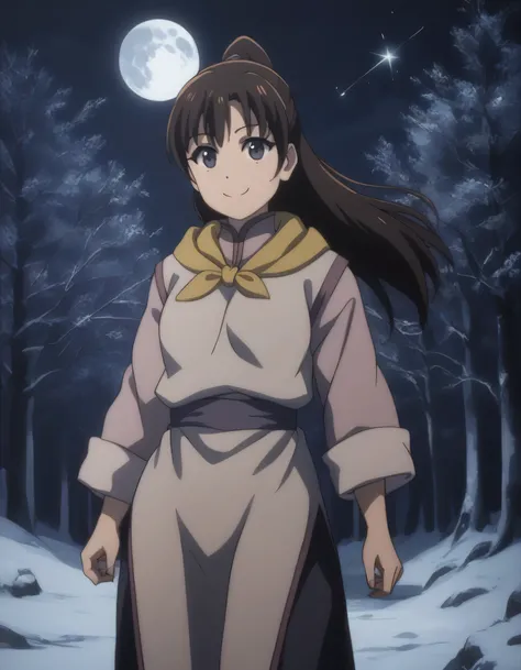 score_9, score_8_up, score_7_up, gsfghtr, multicolored robe, neckerchief, 1girl, smile, night, moon, shooting stars, snow-covered forest with northern lights
