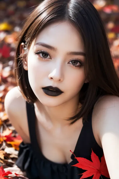 1 girl, ( she's wearing a gothic black dress :1.2), ( gothic makeup ),  a very beautiful portrait of a japanese singer , (raw ph...