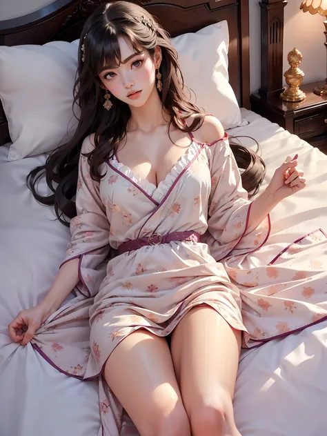 nogizaka_costume , ((full body)), pantyhose,floral print,print legwear, (asian beauty: 1.3), girl, solo, ((lying on bed: 1.4)), ...