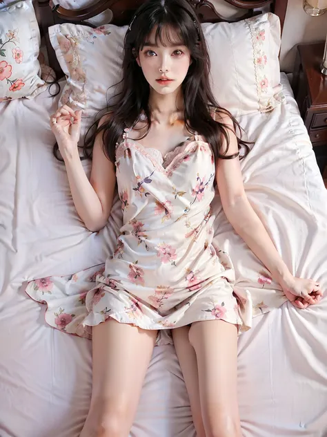 nogizaka_costume , ((full body)), pantyhose,floral print,print legwear, (asian beauty: 1.3), girl, solo, ((lying on bed: 1.4)), ...