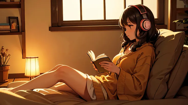 a warm-lit living room at midnight, where a girl wearing headphones is curled up in a comfy chair with a blanket, reading a book...