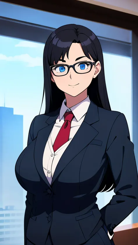 (1girl:1.3), Masterpiece, Best quality, amazing beauty, 4K, absurdres, finely detail, super detailed eye, perfect anatomy, official art, cinematic lighting, BREAK, Skyscraper, silky medium long hair, black hair, super shiny detailed blue eyes, glasses, eye...