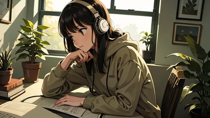 an intimate study room filled with books and plants, softly lit by a desk lamp. a girl in cozy attire is sitting at her desk, fo...