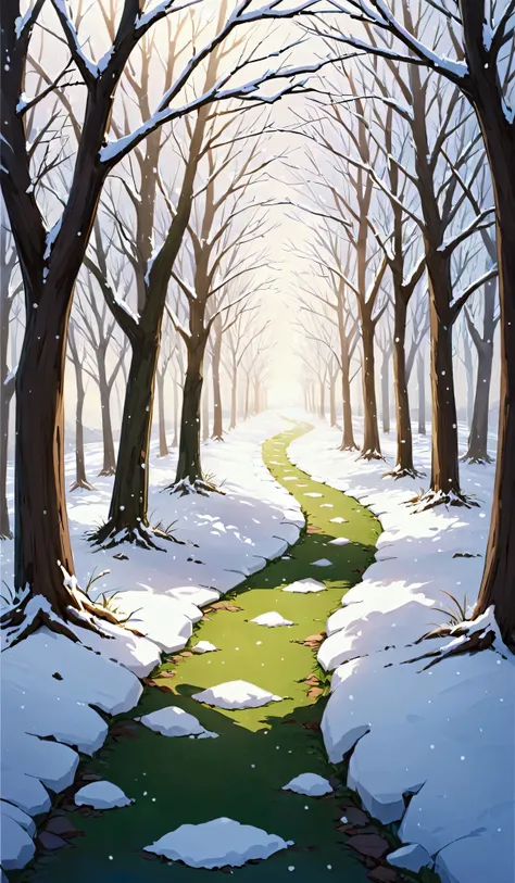 light snow， deserted, and there is a green path。there is snow all over the side of the path