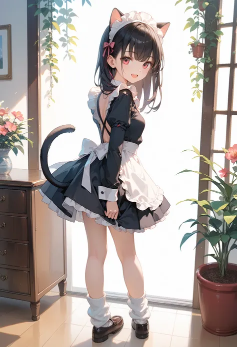 Score_9,Score_8_up,Score_7_up,highest quality anime,,masterpiece,1 girl,slim,small breasts,(Ideal slender proportions),(black_long_hair,straight_bangs,maid costume,loose socks,loafers),(showing her cat tail),(view from back:1.2),(happy,lovely posing)