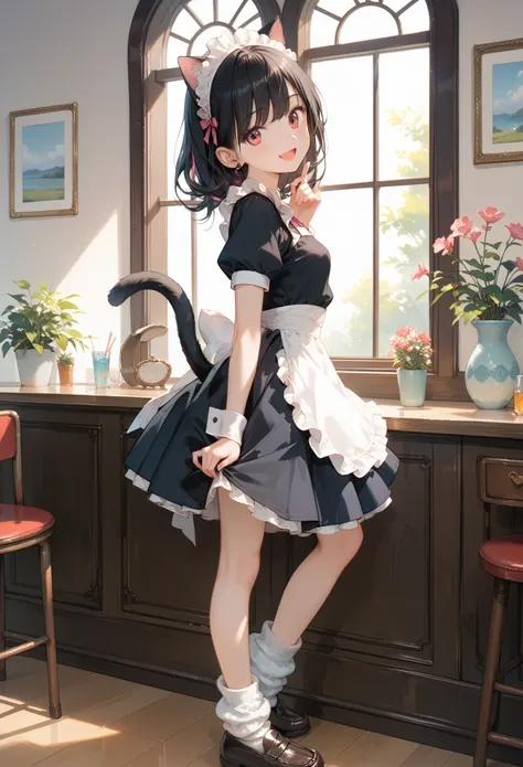 Score_9,Score_8_up,Score_7_up,highest quality anime,,masterpiece,1 girl,slim,small breasts,(Ideal slender proportions),(black_long_hair,straight_bangs,maid costume,loose socks,loafers),(showing her cat tail),(view from back:1.2),(happy,lovely posing)