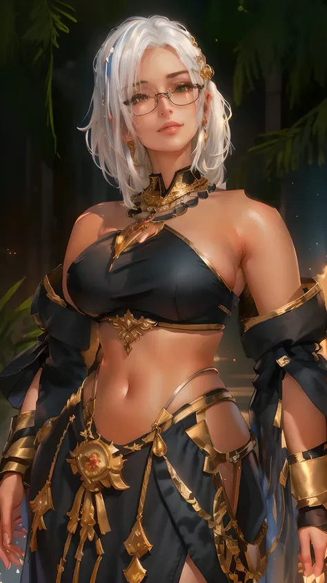 there is a woman with white hair and a black dress and gold frame glasses, tan skin, black middle east dancer dress, necklace, a...