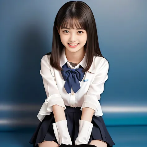 (Highest quality, masterpiece:1.2), Highest quality, High resolution, 1080P, 8k, (A noble, graceful and 13yo Japanese young girl who have a best proportion are seated giggling at me with extreme beatitude, laughing and posing like a fashion model, using fa...