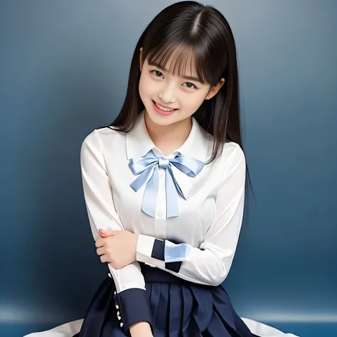 (Highest quality, masterpiece:1.2), Highest quality, High resolution, 1080P, 8k, (A noble, graceful and 13yo Japanese young girl who have a best proportion are seated giggling at me with extreme beatitude, laughing and posing like a fashion model, using fa...