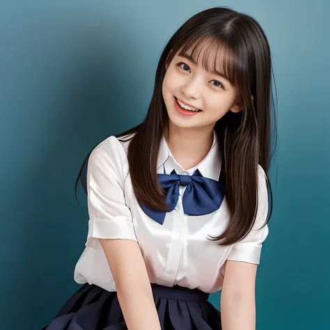 (Highest quality, masterpiece:1.2), Highest quality, High resolution, 1080P, 8k, (A noble, graceful and 13yo Japanese young girl who have a best proportion are seated giggling at me with extreme beatitude, laughing and posing like a fashion model, using fa...