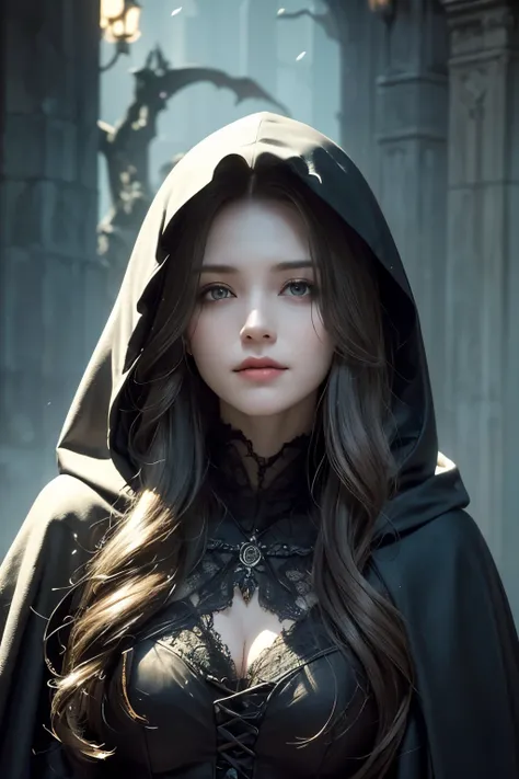 (Top quality, high resolution, masterpiece, super detailed), (Photorealistic), (Beautiful woman), pale skin, (Sad smile), Focus on face, Long curly dark grey hair, (Small breasts), (Black cloak with hood), Elegant portrait, (Spooky Halloween night), (Horro...