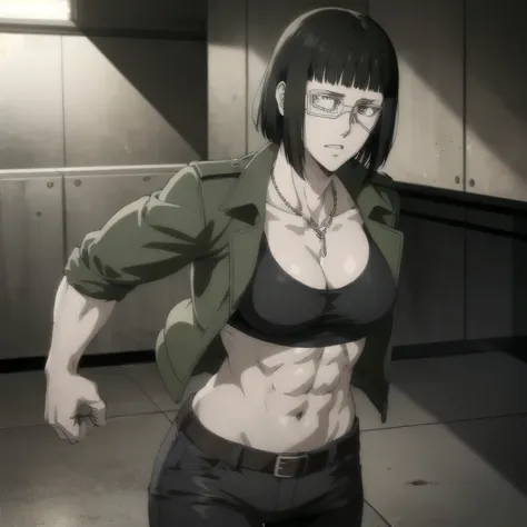 best quality,ultra-detailed,realistic:1.37),musclaur badass girl with sculpted body with preview her musclaur body and six-pack, full review of the female characters face and body, intense expression, strong and confident posture, studio lighting, vivid co...