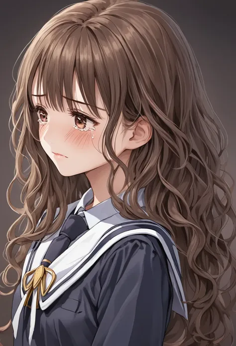  face up 、beautiful and cute high school girl、uniform、Brown Hair、 Long Wavy Hair 、Hold back the tears