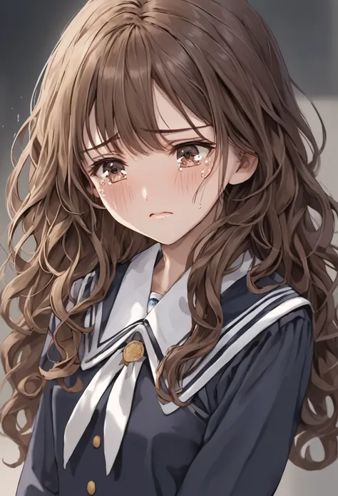  face up 、beautiful and cute high school girl、uniform、Brown Hair、 Long Wavy Hair 、Hold back the tears
