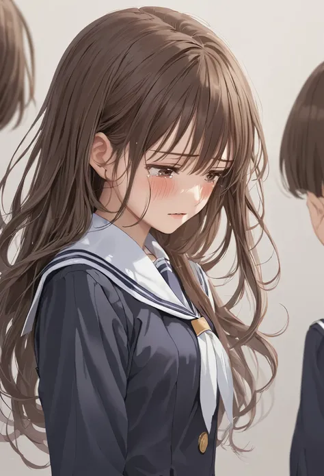  face up 、beautiful and cute high school girl、uniform、Brown Hair、 long hair、Hold back the tears