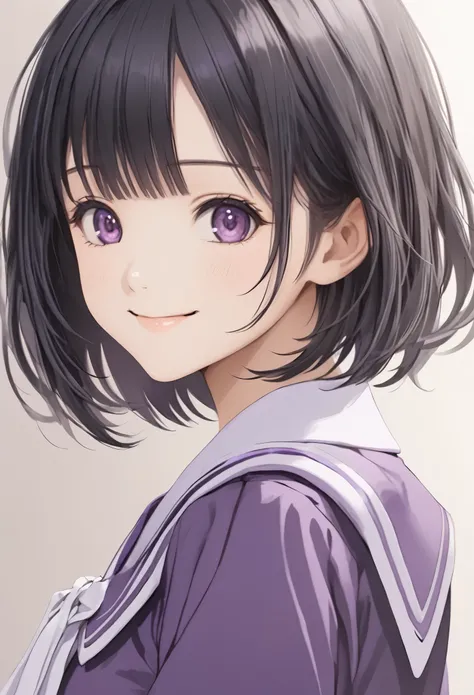  face up 、beautiful and cute high school girl、Purple Uniform、Black Hair、 short bob cut 、smile