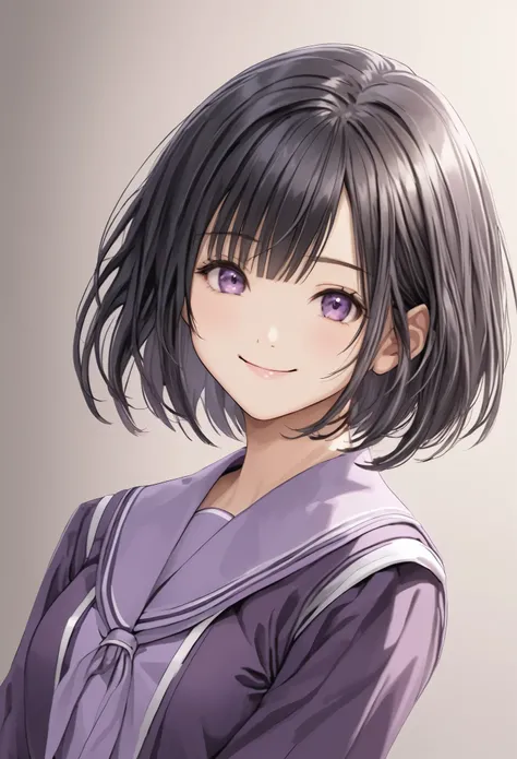  face up 、beautiful and cute high school girl、Purple Uniform、Black Hair、 short bob cut 、smile