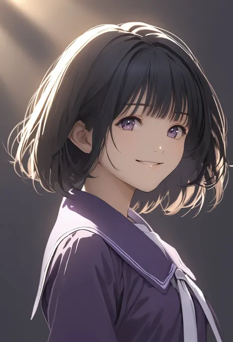  face up 、beautiful and cute high school girl、Purple Uniform、Black Hair、 short bob cut 、smile、Backlight
