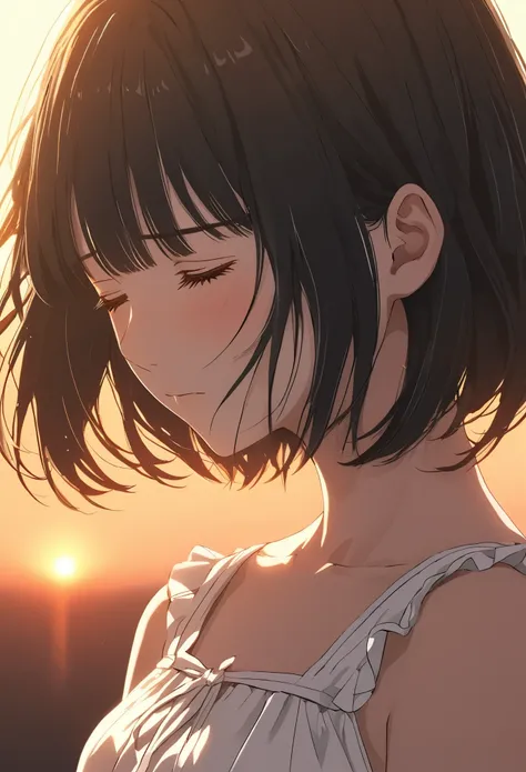  face up 、beautiful and cute high school girl、 white dress、Black Hair、 short bob cut 、 close eyes、Depression、Sunset、Backlight