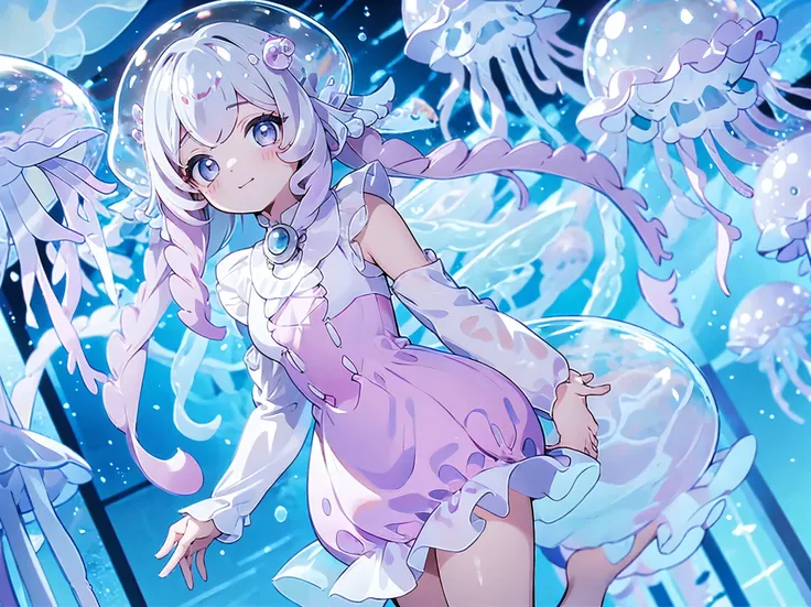 Jellyfish Girl. Pink jellyfish. Dress style. Tentacle. Hood-like. Multiple jellyfish around.