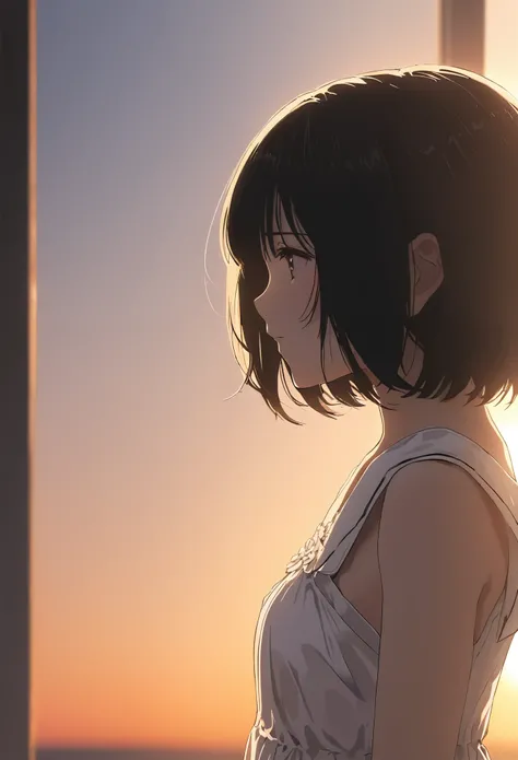  face up 、beautiful and cute high school girl、 white dress、Black Hair、 short bob cut 、profile、Depression、Sunset、Backlight