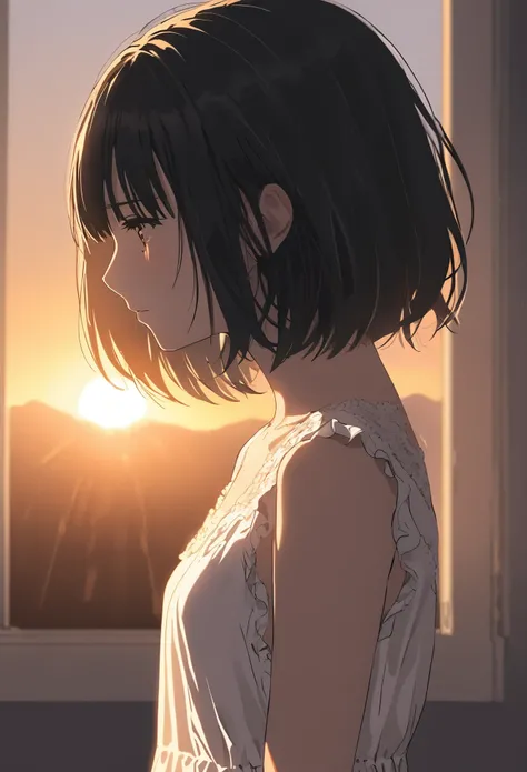  face up 、beautiful and cute high school girl、 white dress、Black Hair、 short bob cut 、profile、Depression、Sunset、Backlight
