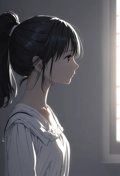  face up 、beautiful and cute high school girl、 white dress、Black Hair、 ponytail、profile、Depression、Cloudy、Backlight