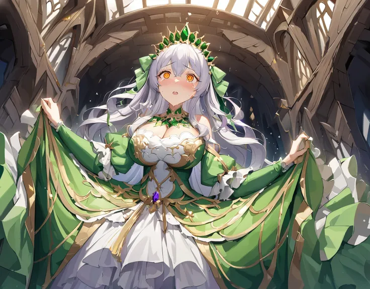 (( anime art style )),(masterpiece),( Best Quality),(Super details),(( Exquisite beautiful )),((solo)),((whole body)),(( 1 bold queen )Gorgeous Purple and Green Rococo Queen Dress))),(Orange eyes), delicate face and eyes,jewel eyes,(blush，shed tears， Open ...