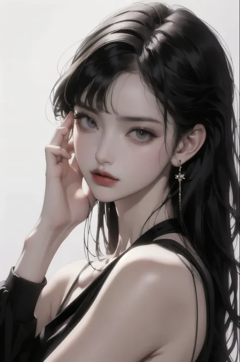 masterpiece, best quality, a girl, shy, white background, beautiful, retrowave, cartoon, upper body, from side, from above