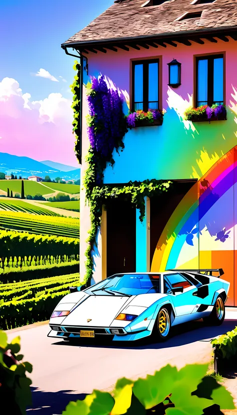 organic expressionism ,car,1 car ,lamborghini,countach,1974,scissor-door, body color =rainbow, bonnets with butterflies, locatio...