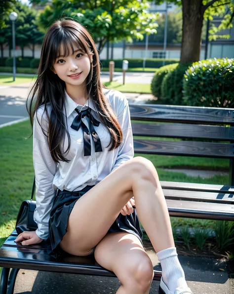 ( photorealism :1.2), Beautiful Japanese model 、Thin legs,  female high school students、  one woman wearing a high school uniform, 39; high school uniform 、Sitting on a park bench、 open your legs slightly 、Look up at her from the downside、Realistic white p...