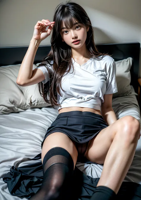 ( photorealism :1.2), Beautiful Japanese model 、Thin legs,  female high school students、  one woman wearing a high school uniform, 39; high school uniform 、On the bed、(((I sleep while wearing the On the Bed uniform in my room,Lying on your back,Stretch you...