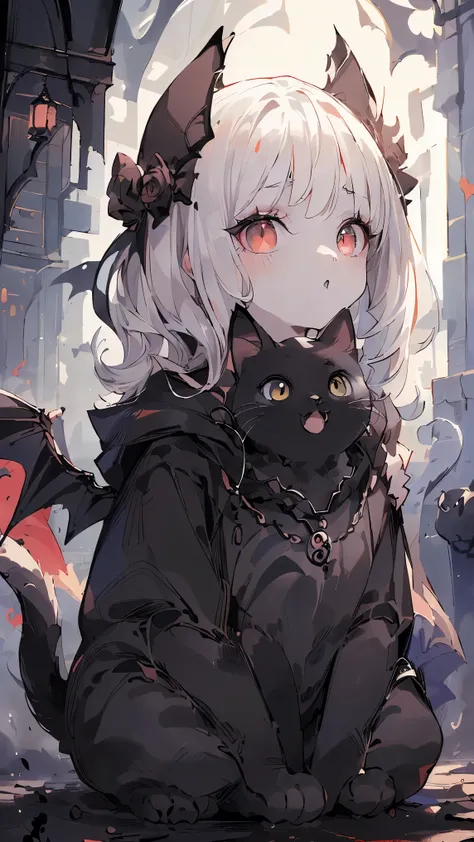 (((Best quality, 8k, Masterpiece: 1.3)), ((best quality)), ((masterpiece)), (detailed), perfect face, Makeup for Halloween, Gothic horror, Bat wings, black clothes, black cloak, white skin, pale skin, ((Holding a black cat)), black cat