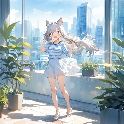 masterpiece, best quality, full body, 1girl, standing pose, brushing hair, long silver hair, animal ears, blue and white striped...